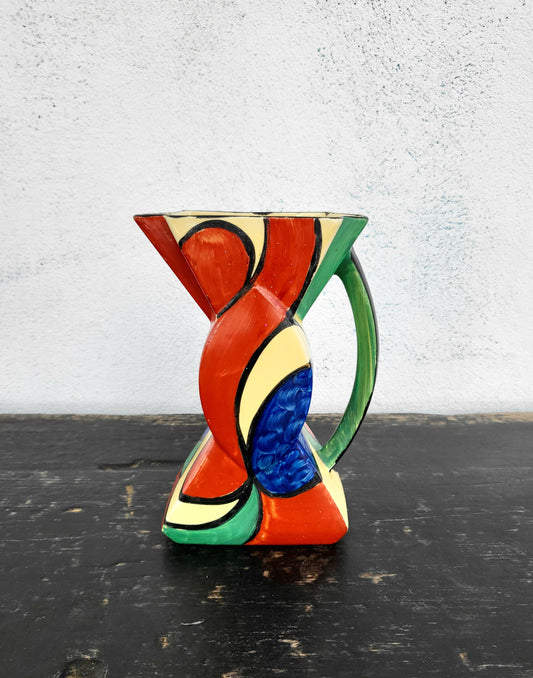 Hand painted Myott Art Deco vase with geometric red, blue, green and cream design, c.1930s England