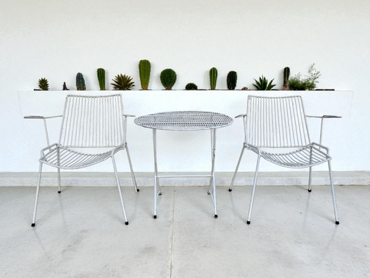Vintage Breotex outdoor set styled outdoors, showcasing light airy lines and classic mid-century form.