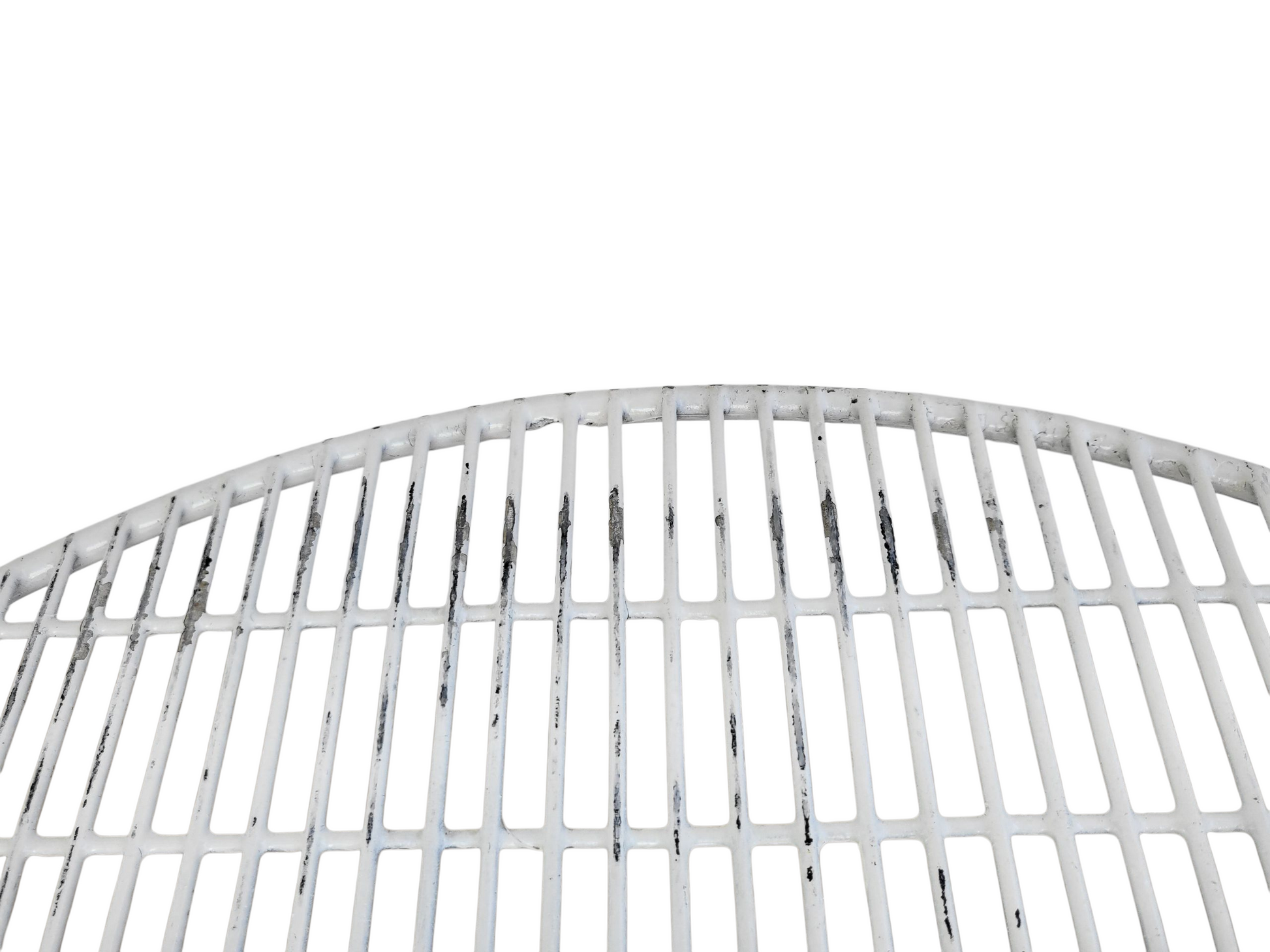 Round white wire Breotex table with cross-frame base and vintage paint wear.