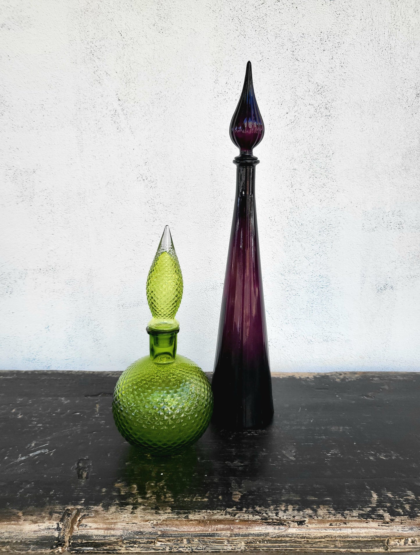 Vintage Green Diamond-Pattern Genie Bottle with Original Stopper