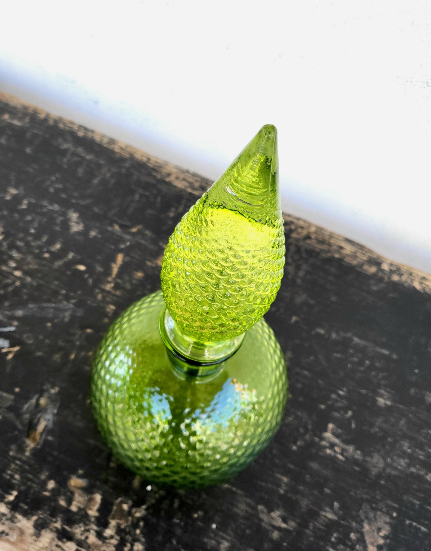 Vintage Green Diamond-Pattern Genie Bottle with Original Stopper