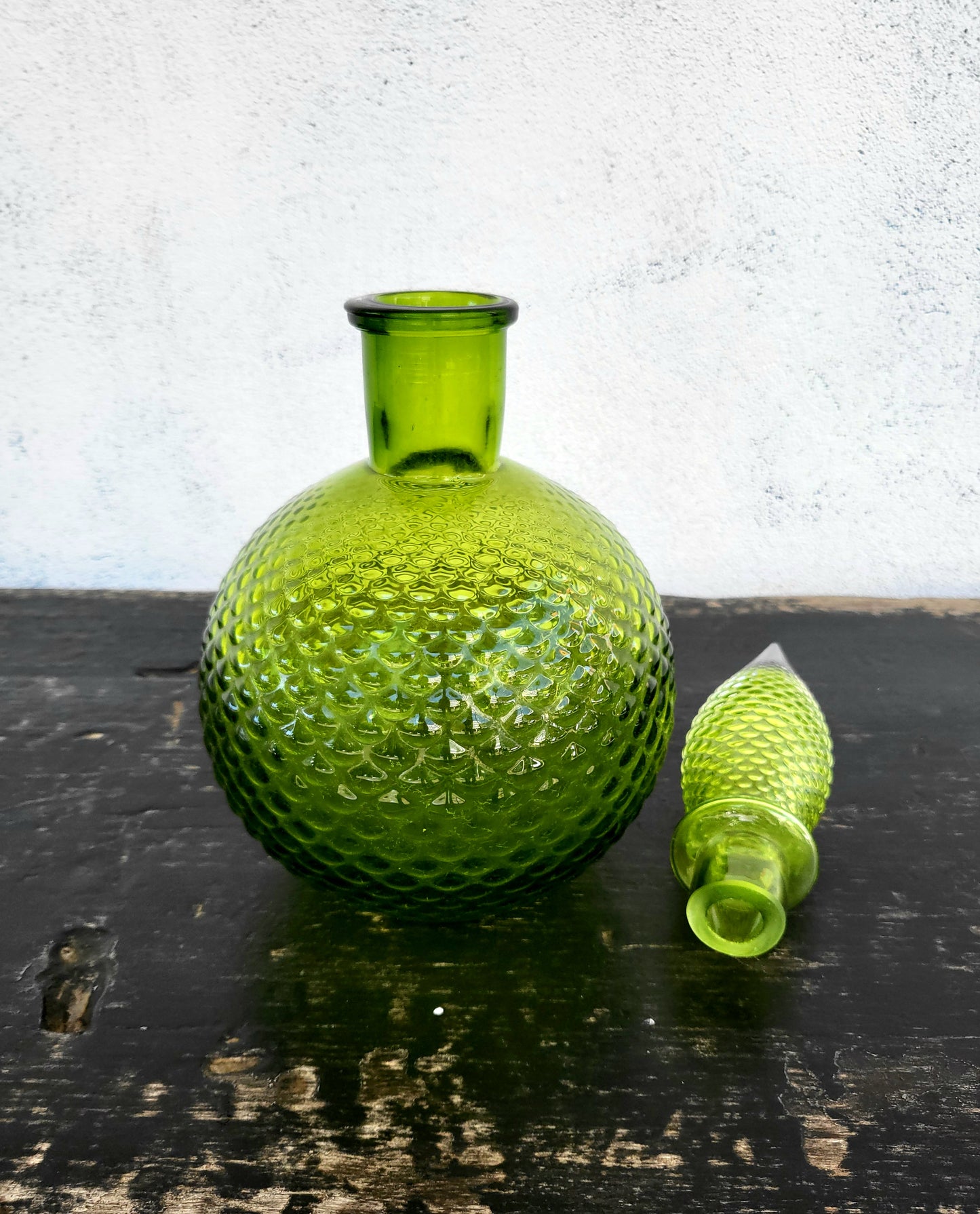 Vintage Green Diamond-Pattern Genie Bottle with Original Stopper