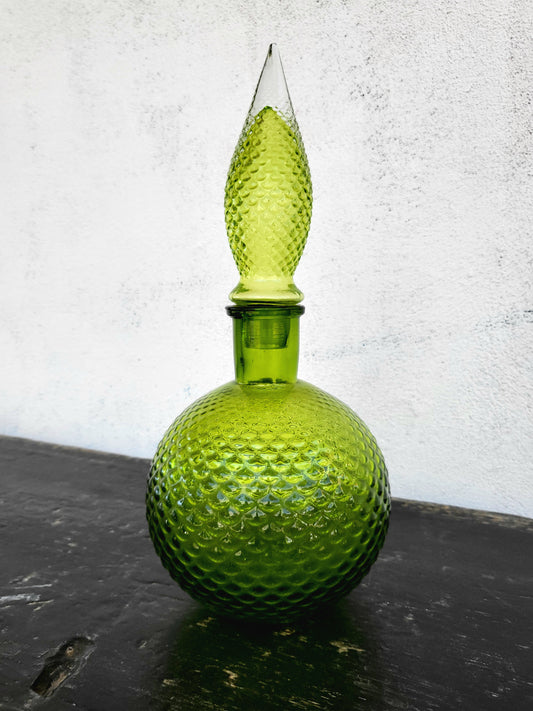Vintage Green Diamond-Pattern Genie Bottle with Original Stopper