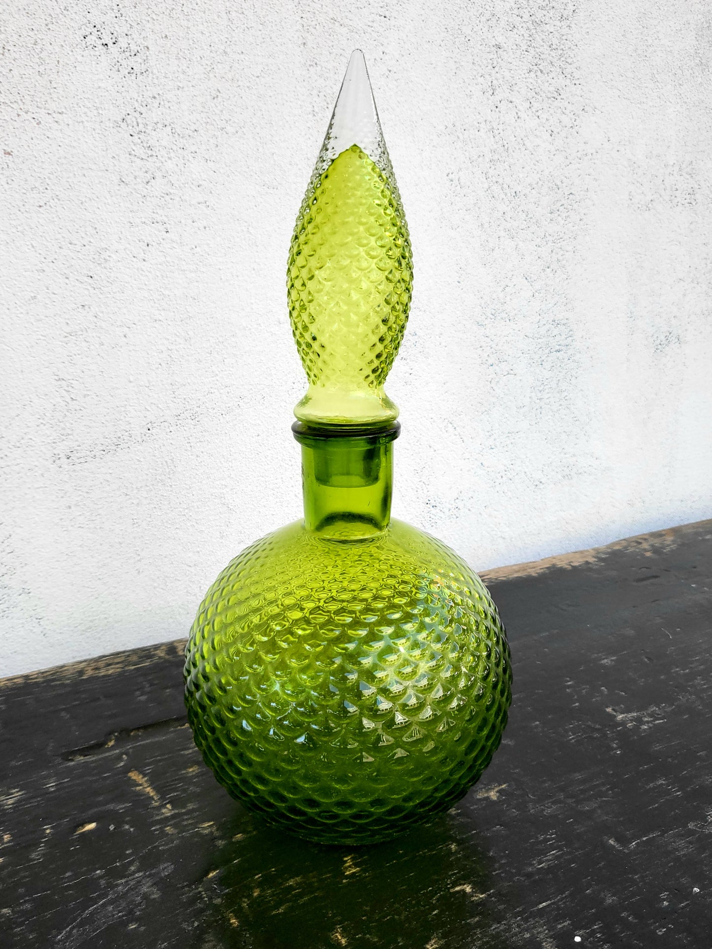 Vintage Green Diamond-Pattern Genie Bottle with Original Stopper