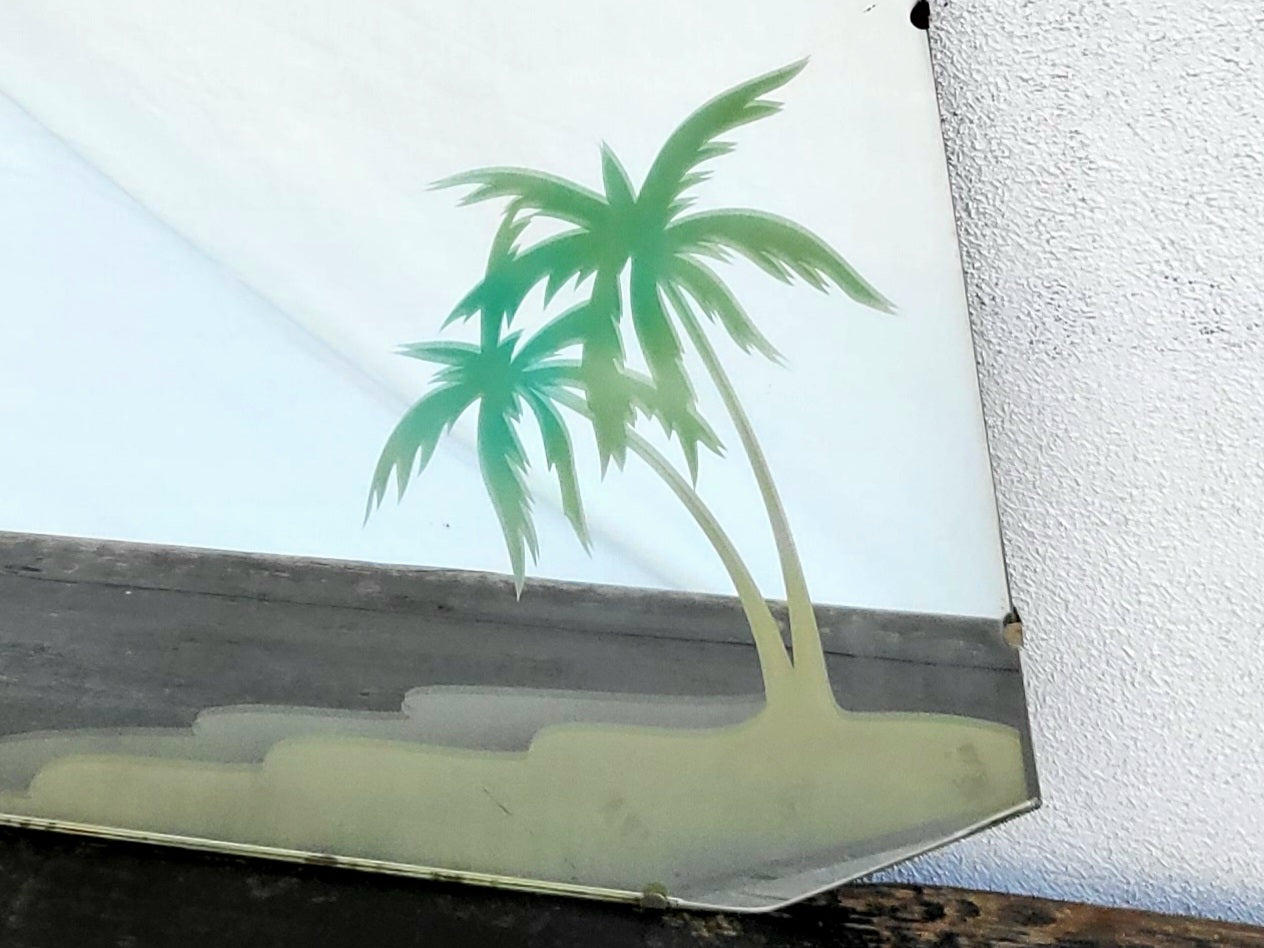 Rare Mid-Century Bevelled Mirror with Tropical Palm Motif - c.1940s-50s