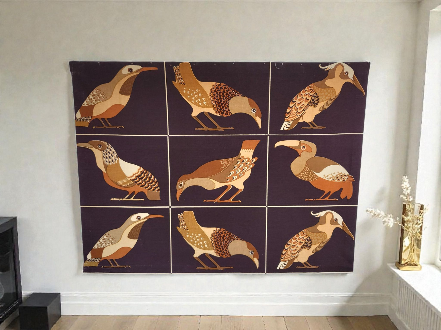 MId-Century Vintage Fabric Wall Panel with Stylised Birds