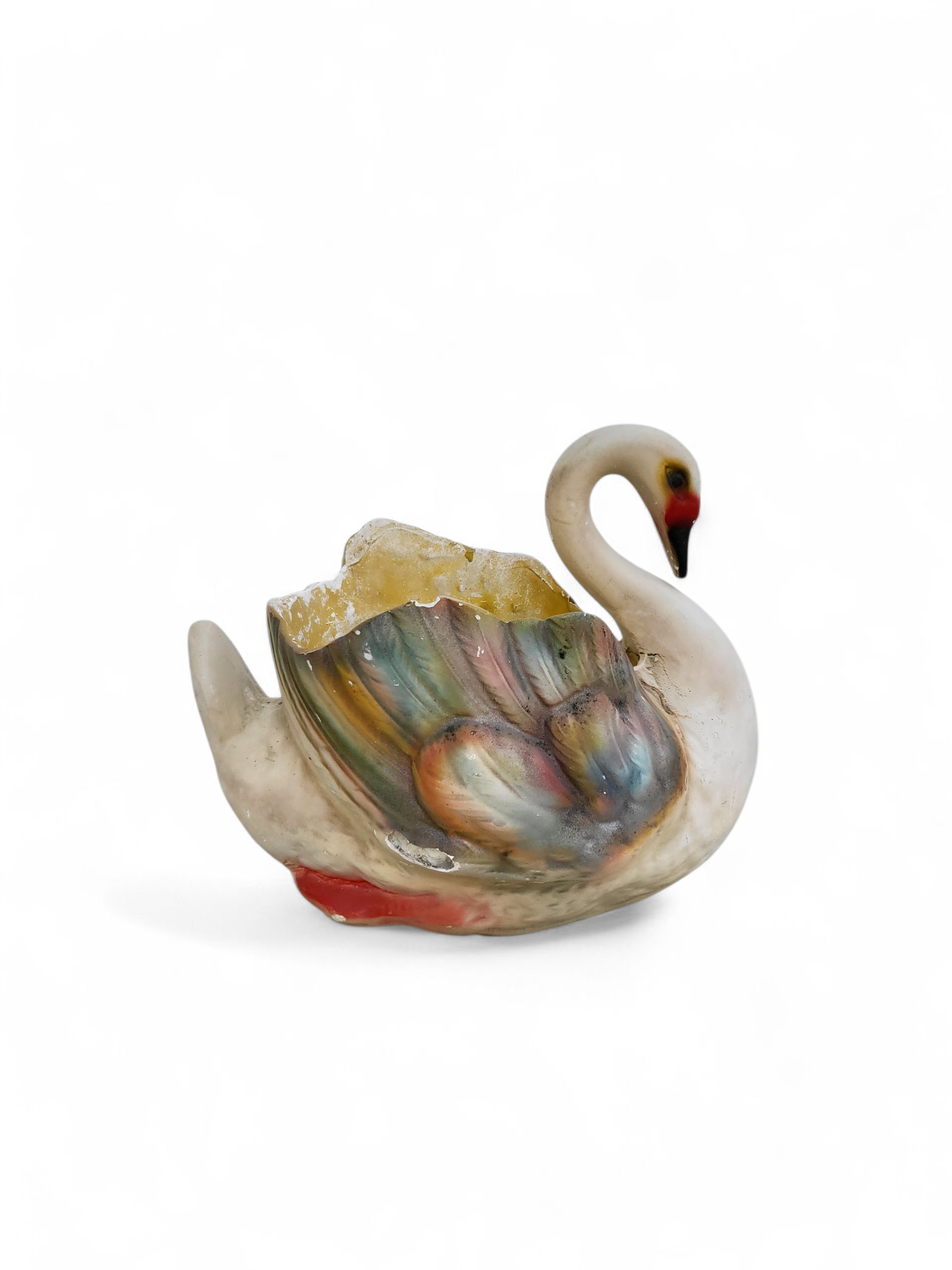 Large mid-century swan planter with iridescent pastel wings and curved neck, hand-painted ceramic, c.1950s–60s.