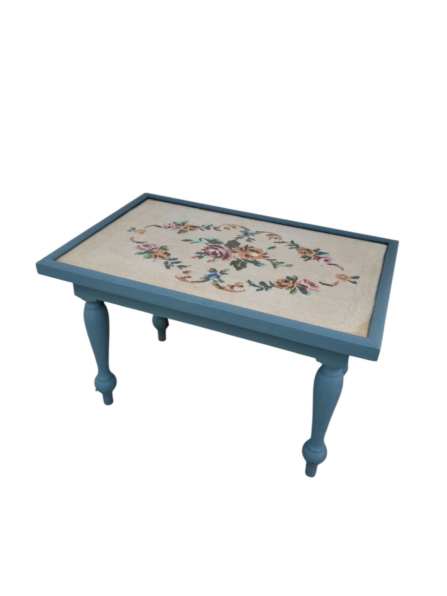 Vintage Blue Needlepoint Coffee or Side Table
