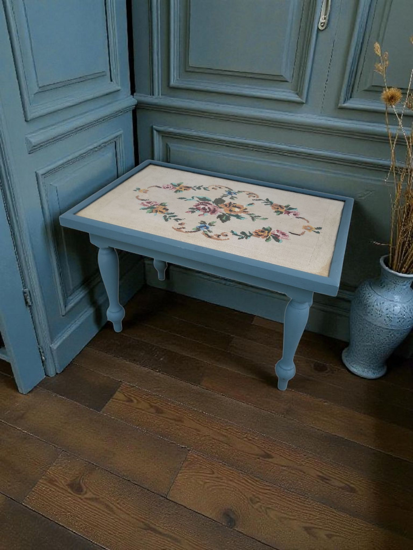 Vintage Blue Needlepoint Coffee Table with Floral Tapestry Under Glass ...