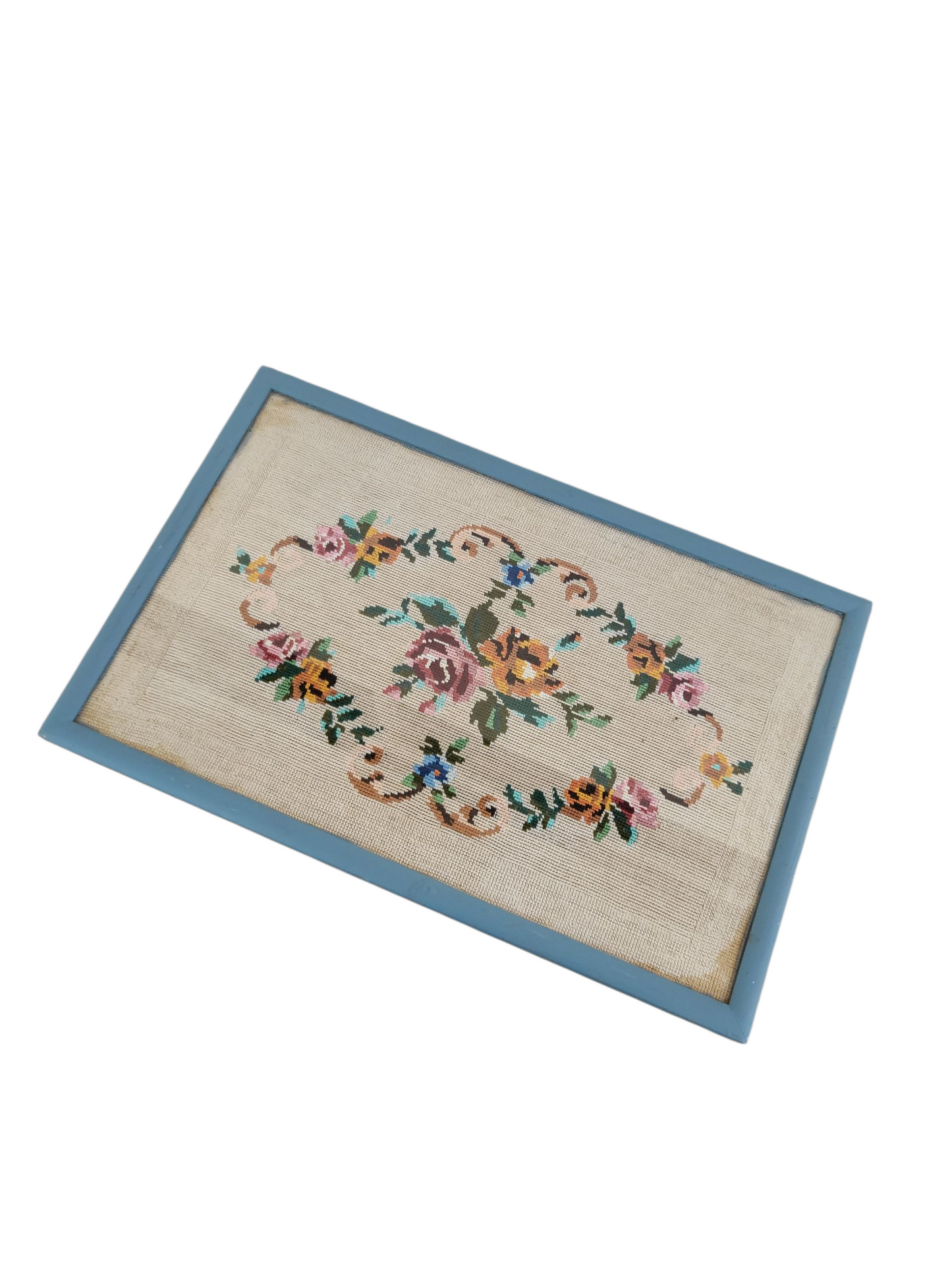 Vintage Blue Needlepoint Coffee or Side Table