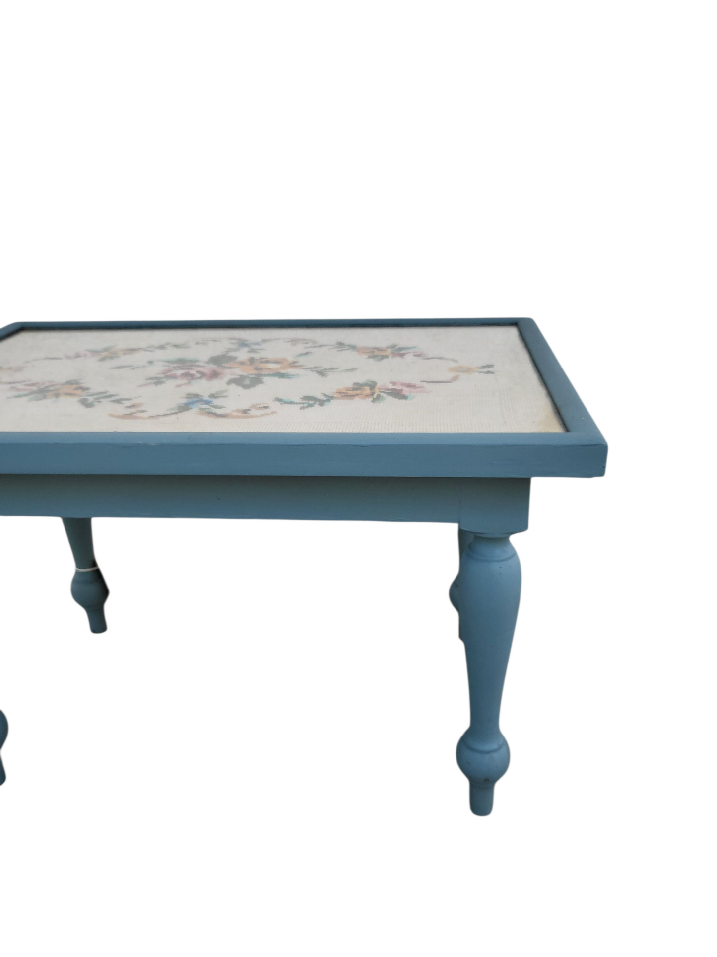 Vintage Blue Needlepoint Coffee or Side Table