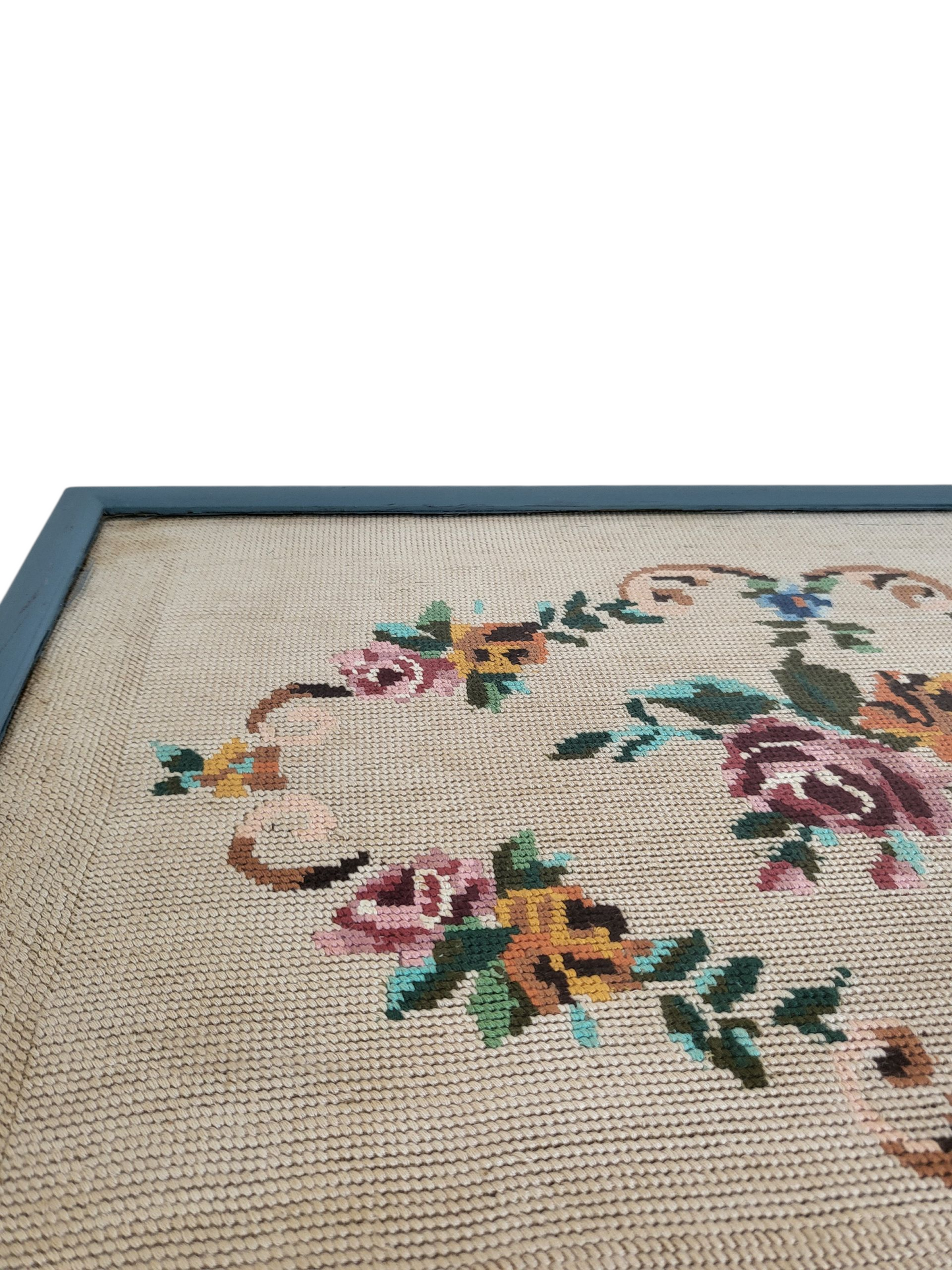 Vintage Blue Needlepoint Coffee or Side Table