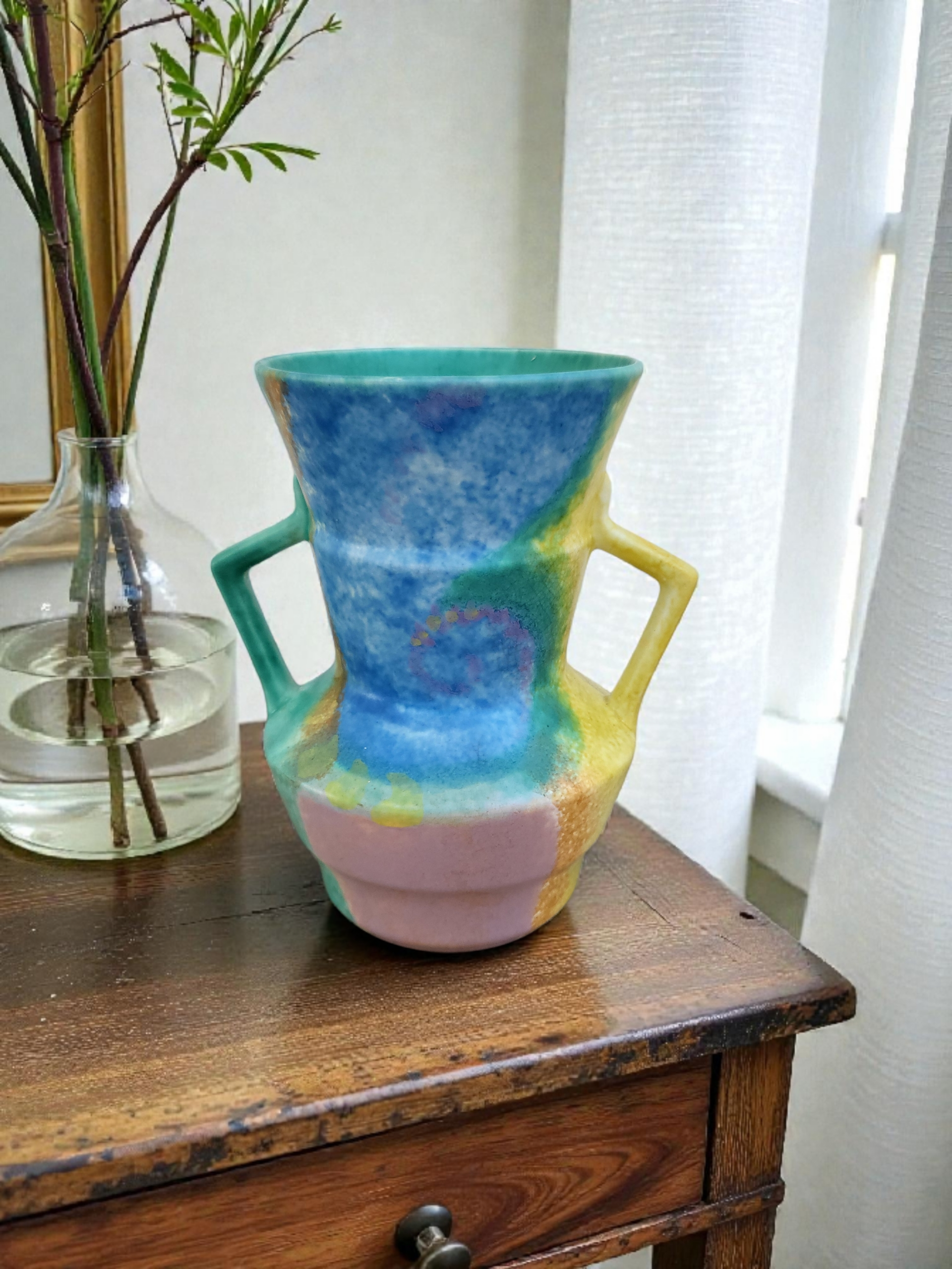 Mid-century Beswick art pottery vase with twin handles, multicolour abstract glaze 