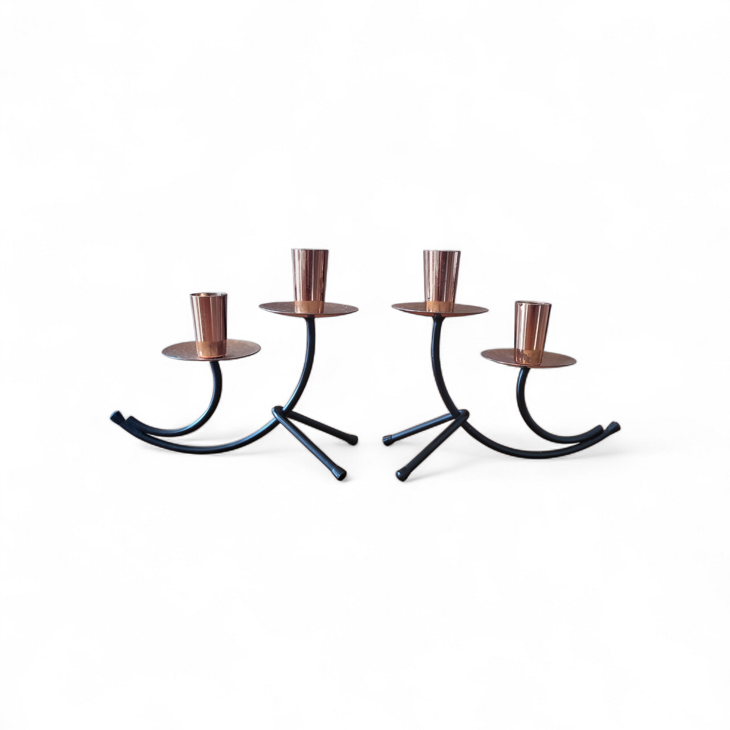 Mid-Century Atomic Style Black Metal & Copper Candle Holders (Pair)