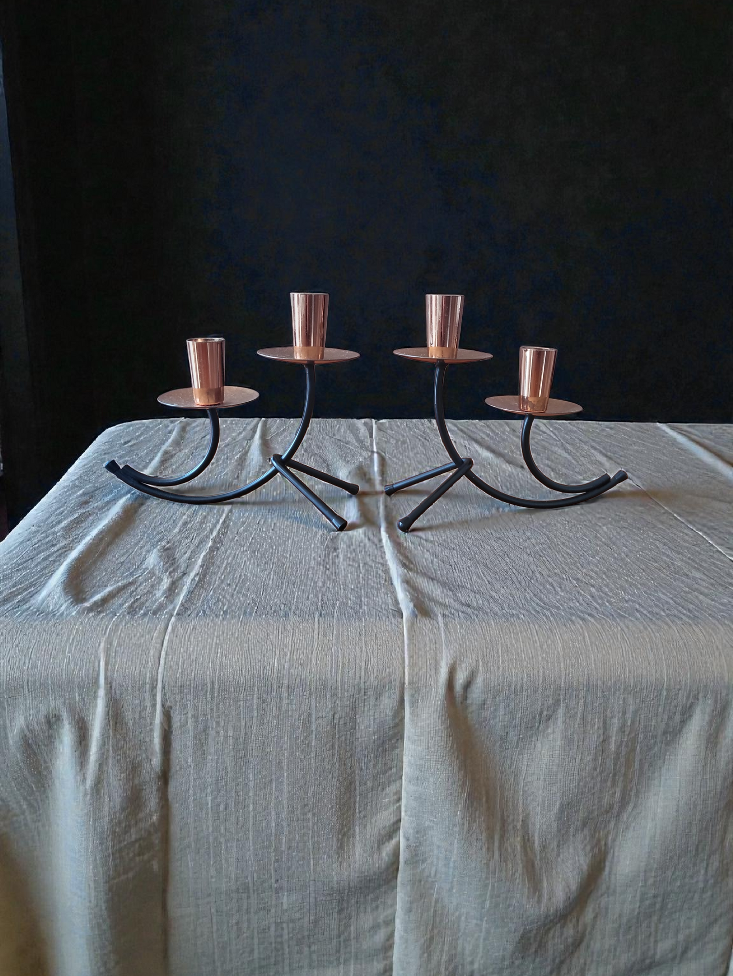 Mid-Century Atomic Style Black Metal & Copper Candle Holders (Pair)