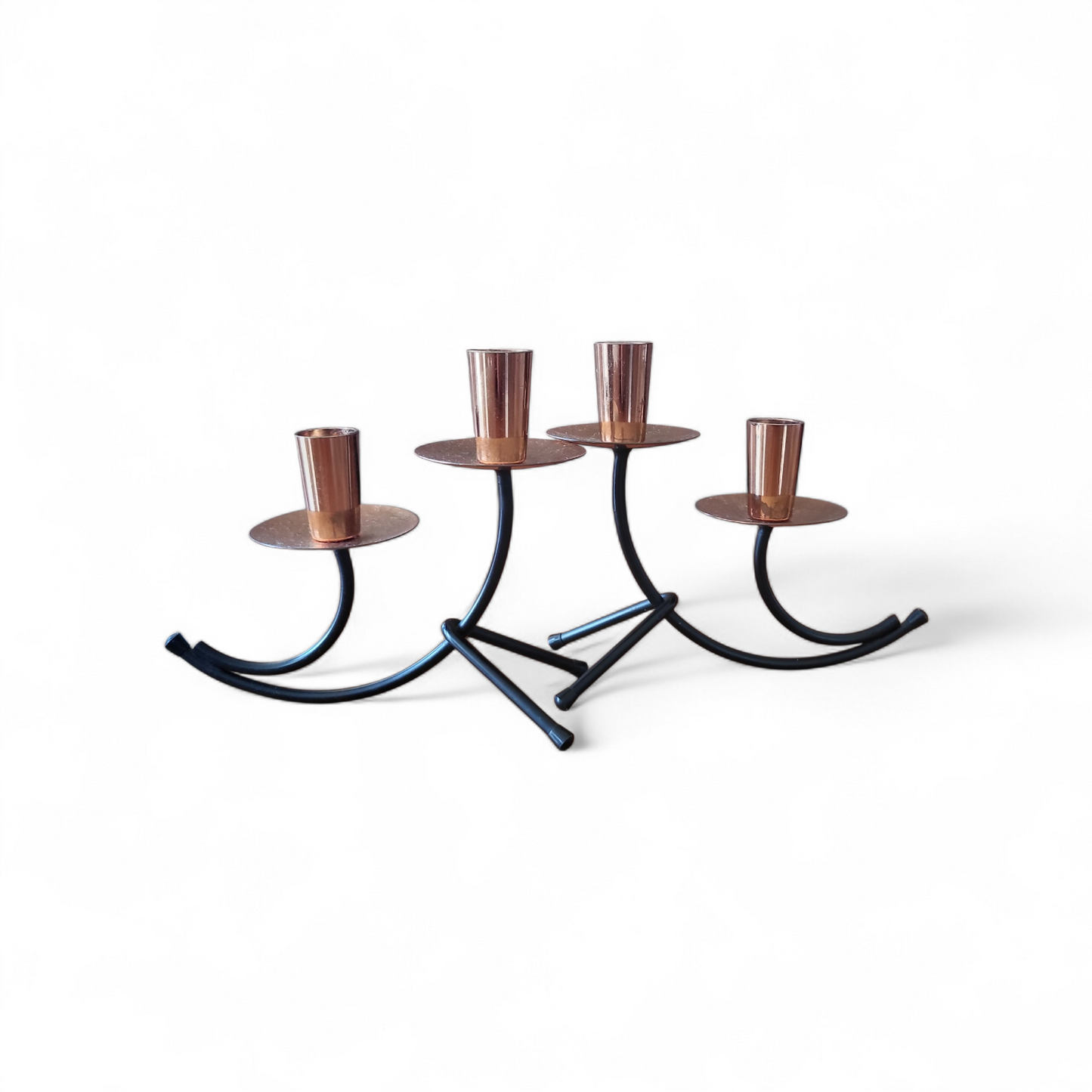 Mid-Century Atomic Style Black Metal & Copper Candle Holders (Pair)