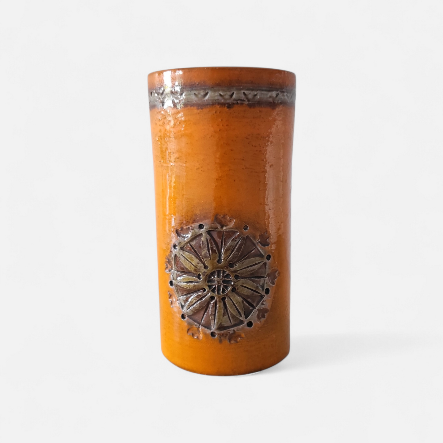 Aldo Londi for Bitossi Sevilla vase, Italian mid-century ceramic in burnt orange glaze with relief medallion, 1960s