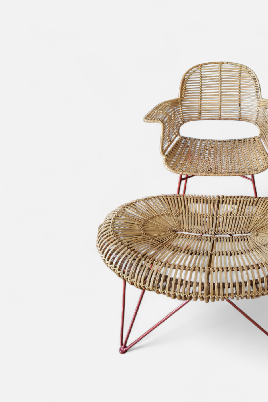 Swedish Scandinavian Rattan Lounge Chair & Ottoman Set - c.1960s