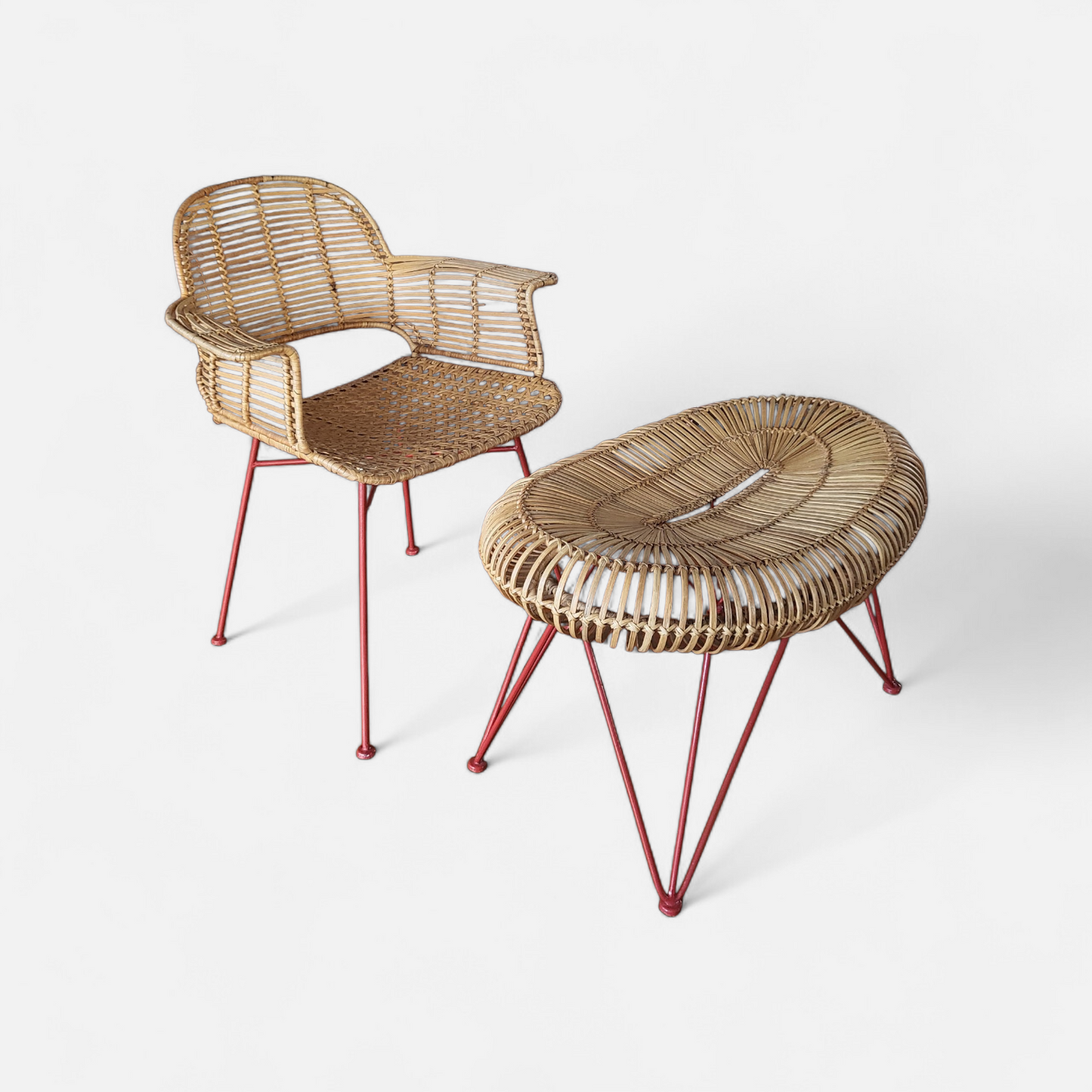 Swedish Scandinavian Rattan Lounge Chair & Ottoman Set - c.1960s