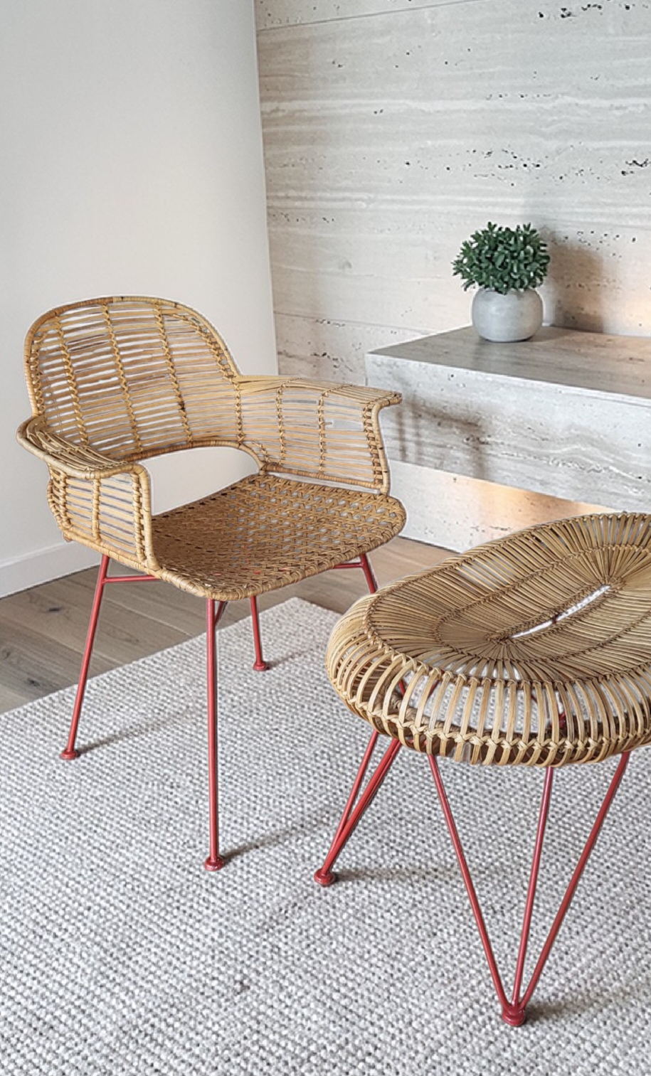Swedish Scandinavian Rattan Lounge Chair & Ottoman Set - c.1960s