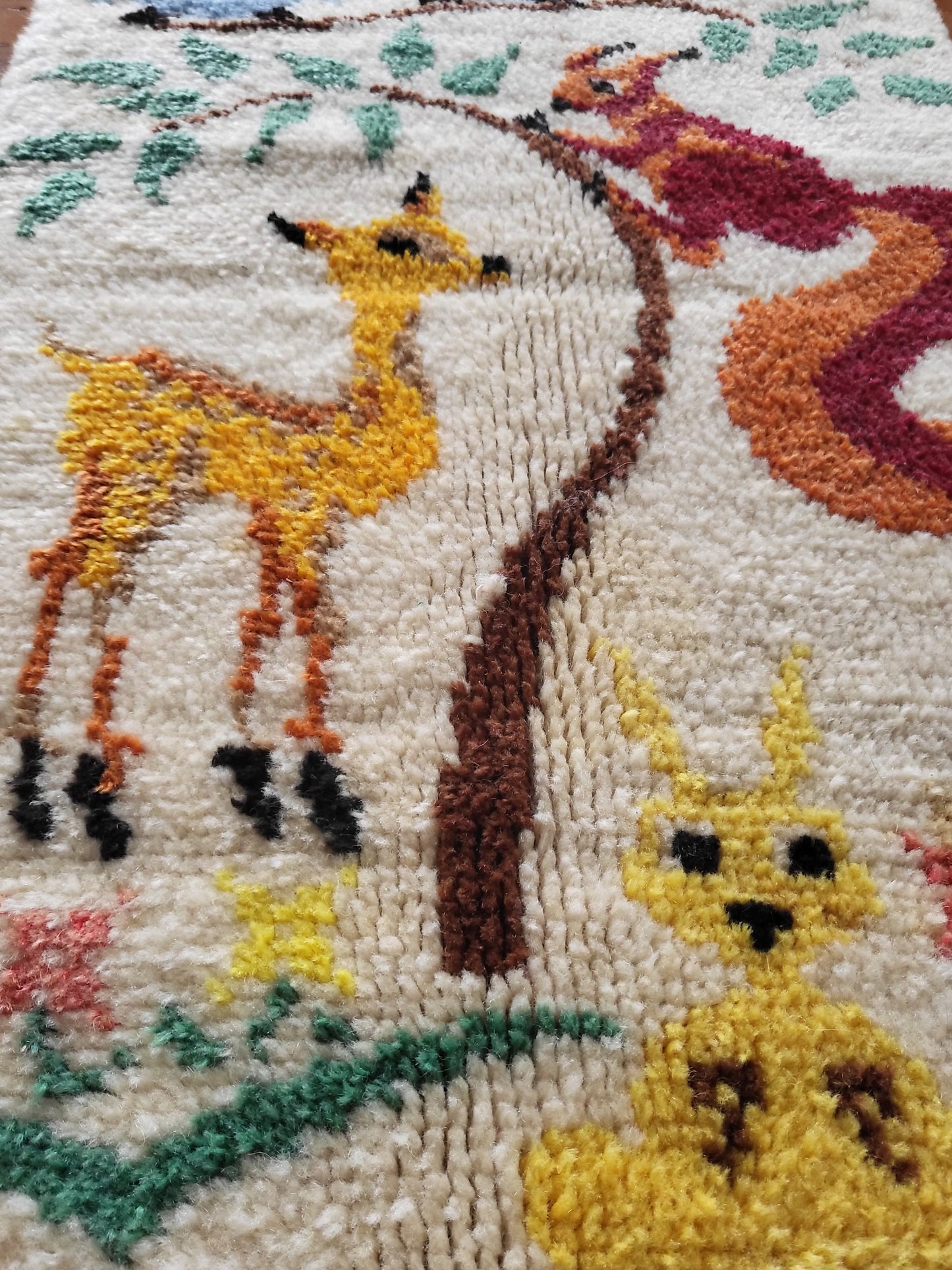 Mid Century Handwoven Folk Art Rug - Owls, Fox & Woodland Animals