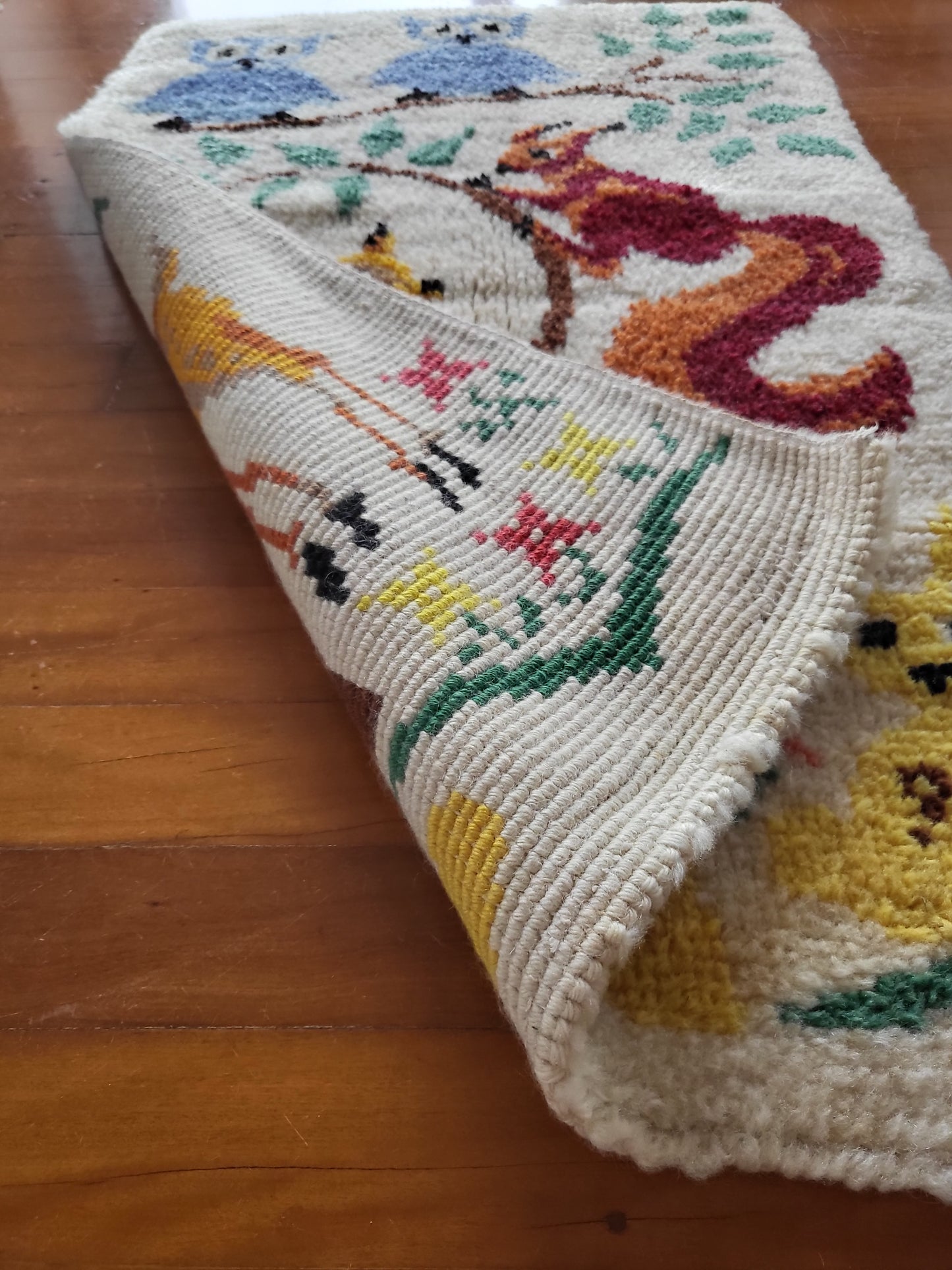 Mid Century Handwoven Folk Art Rug - Owls, Fox & Woodland Animals