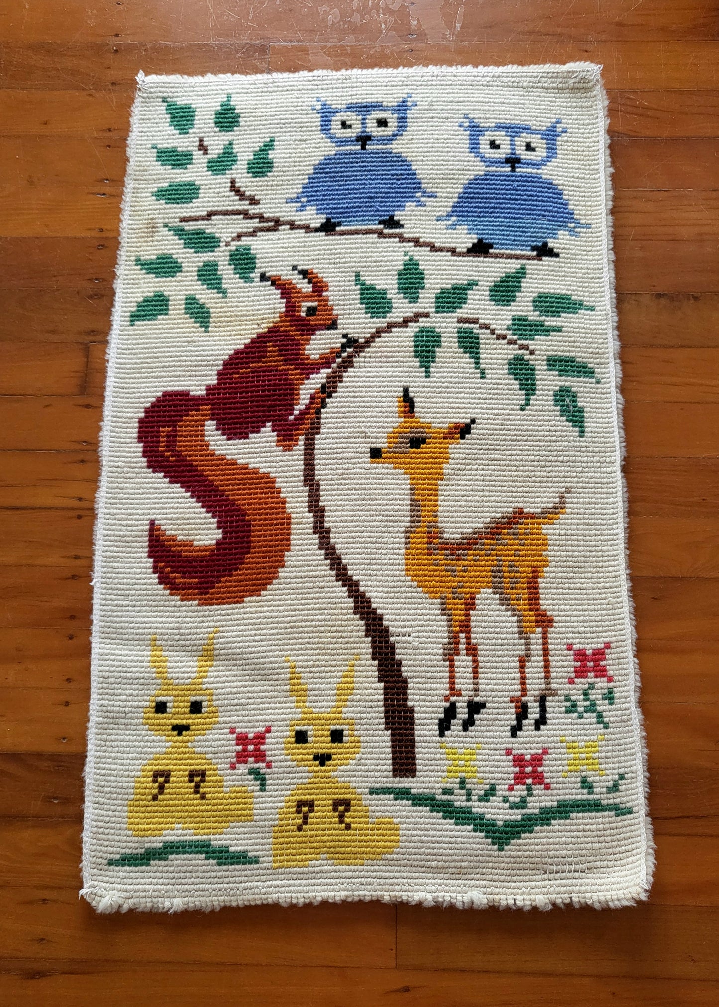 Mid Century Handwoven Folk Art Rug - Owls, Fox & Woodland Animals