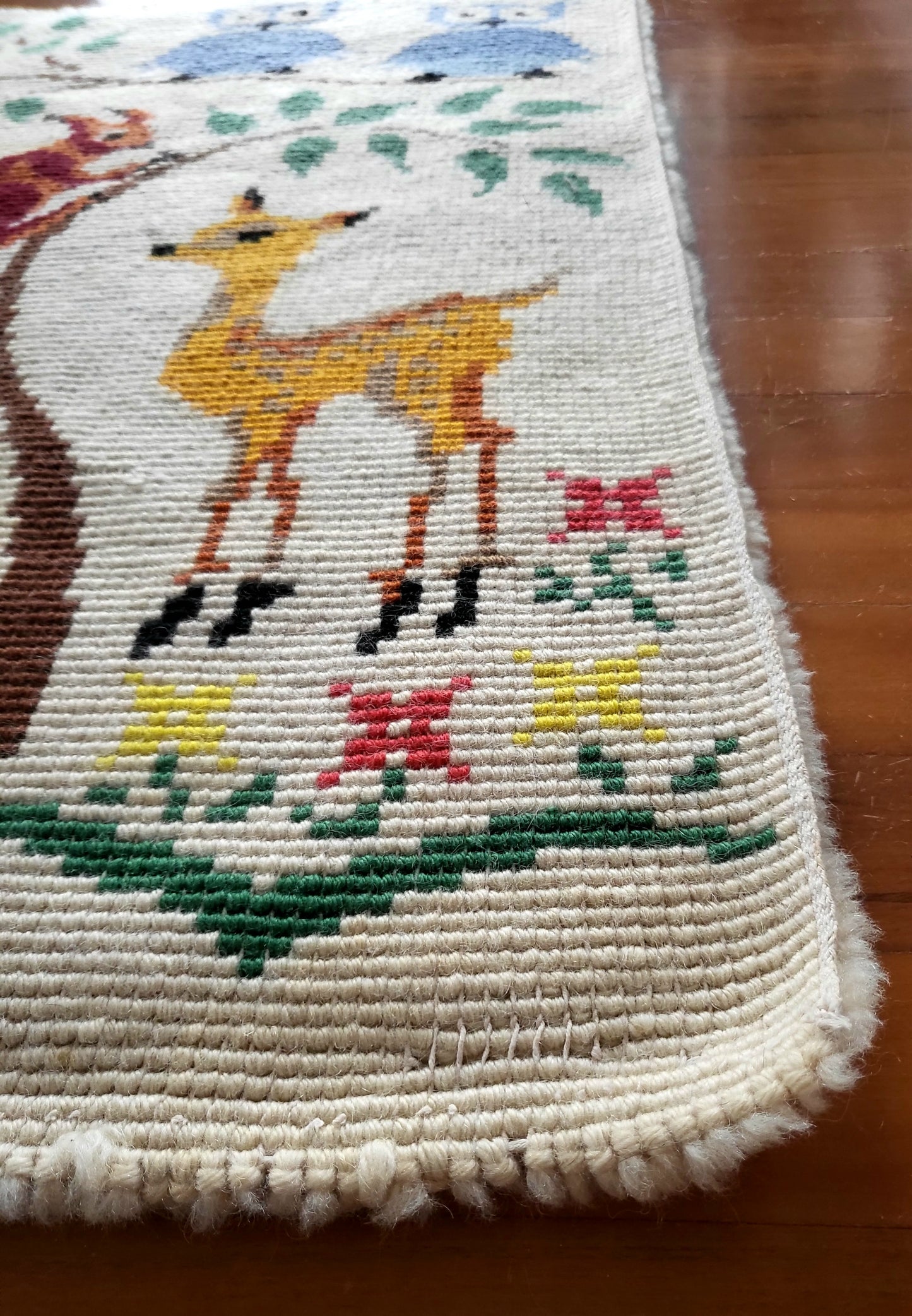 Mid Century Handwoven Folk Art Rug - Owls, Fox & Woodland Animals