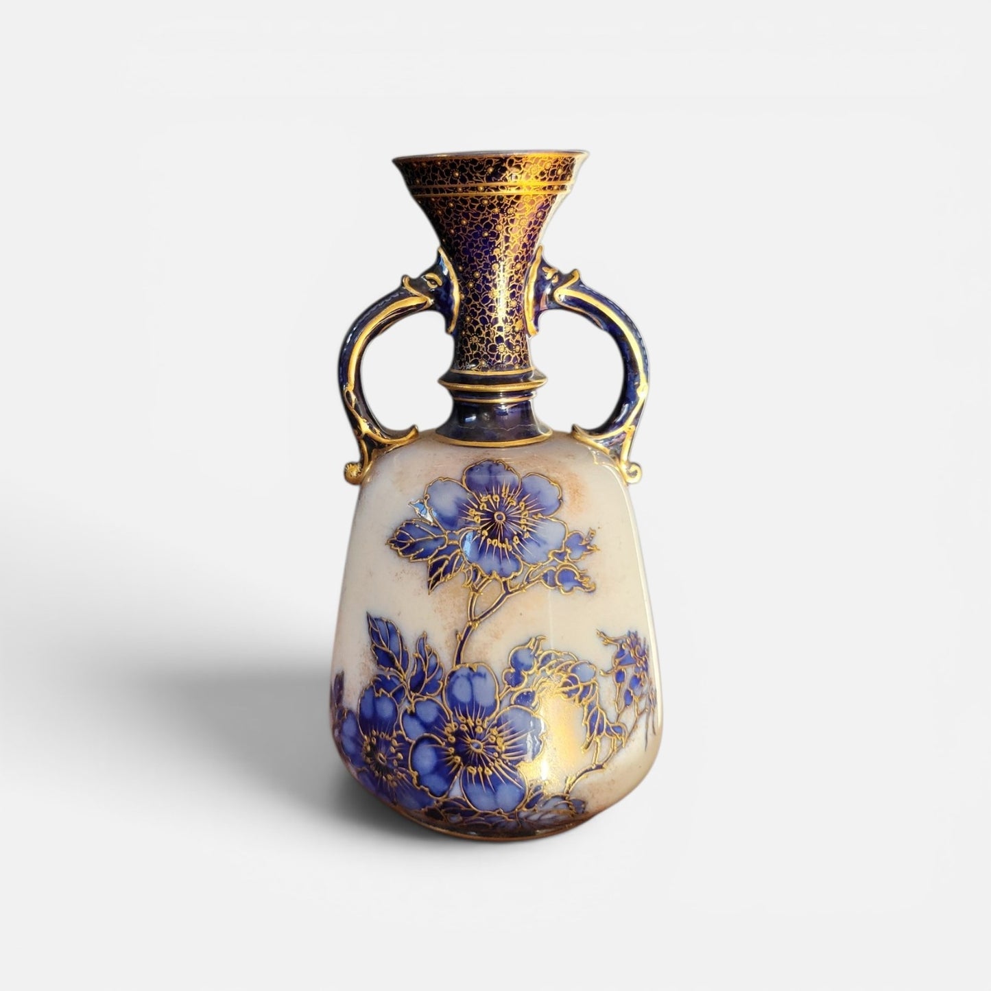Antique Doulton Burslem Hand-Painted Flow Blue Vase with Art Nouveau Blossom Decoration | c.1900