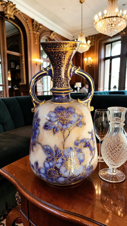 Antique Doulton Burslem Hand-Painted Flow Blue Vase with Art Nouveau Blossom Decoration | c.1900