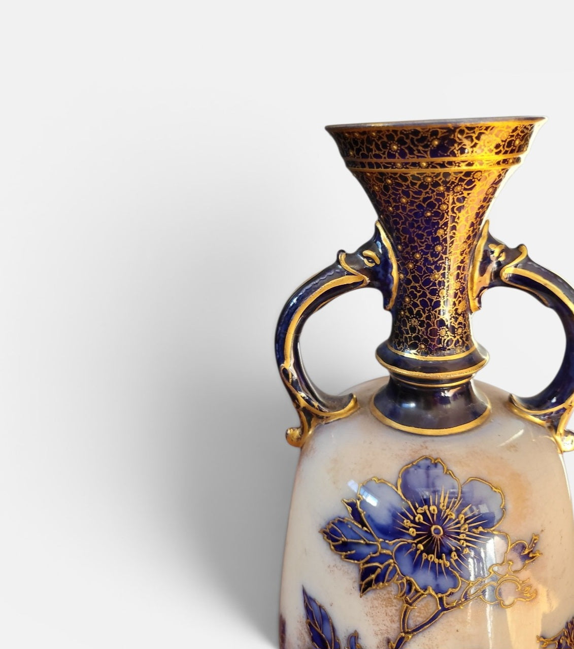 Antique Doulton Burslem Hand-Painted Flow Blue Vase with Art Nouveau Blossom Decoration | c.1900