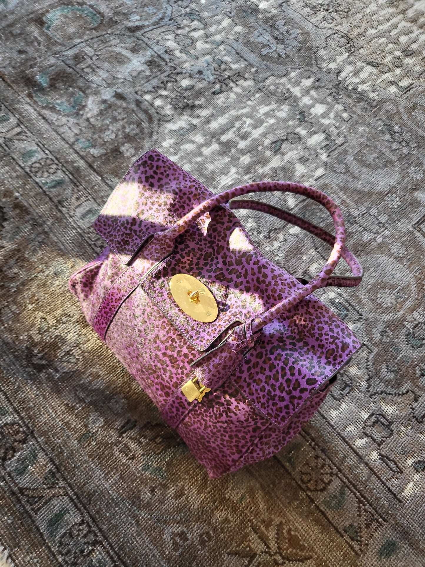 Mulberry Leopard Print Pony Hair Bayswater Bag - Purple Leather