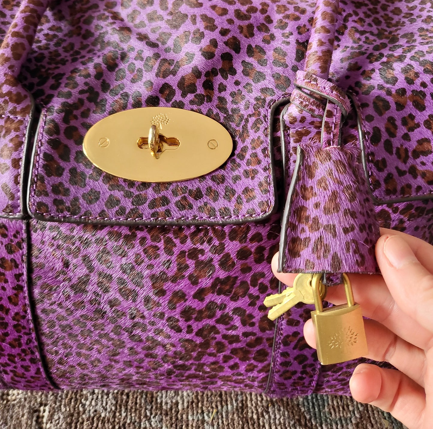 Mulberry Leopard Print Pony Hair Bayswater Bag - Purple Leather