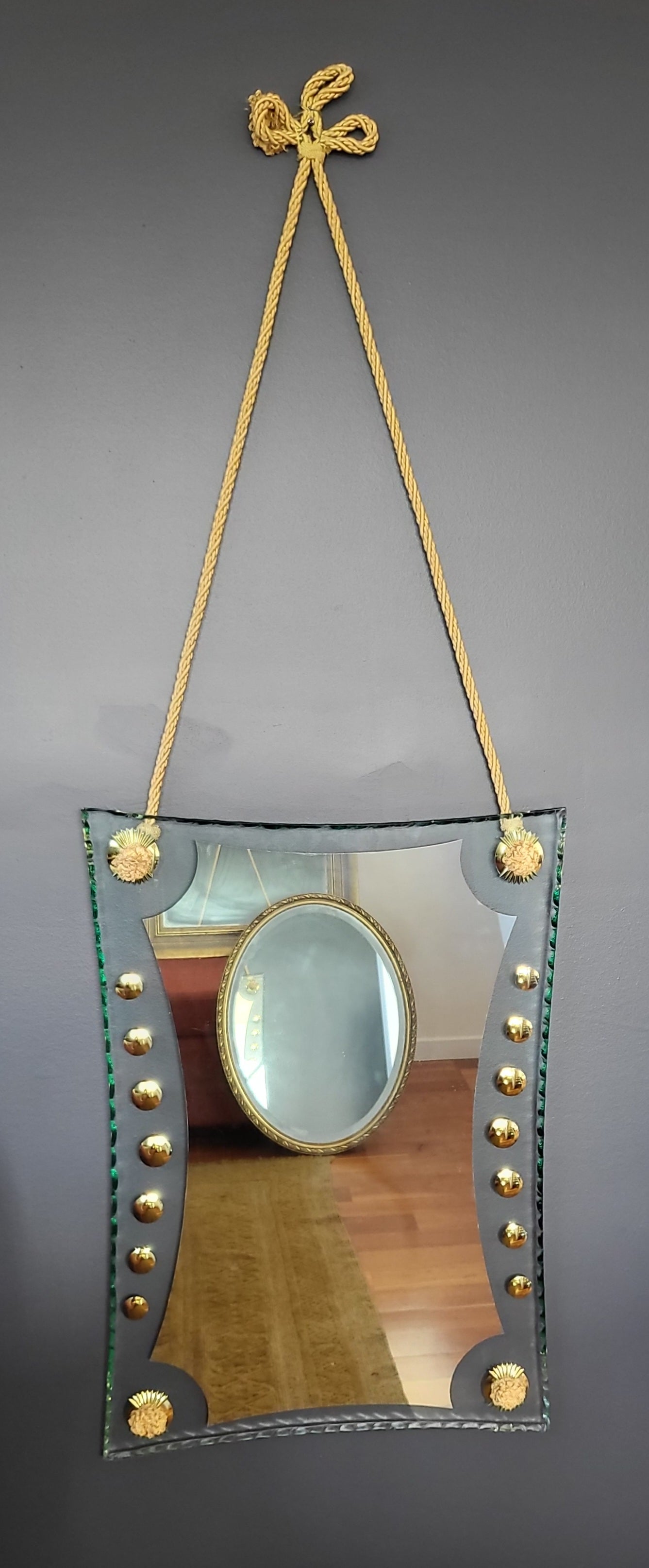 1950s Mid-Century Cristal Art Wall Mirror with Rope Suspension