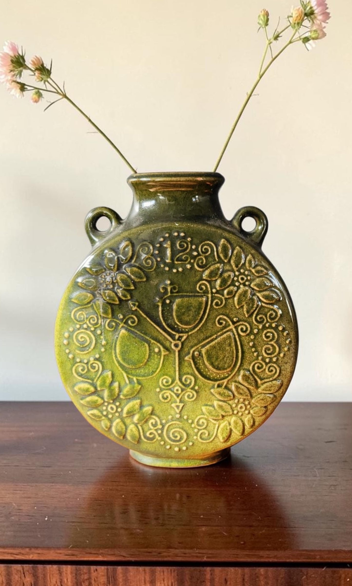 Vintage Swedish Relief Stoneware Disc Vase | Olive Green Twin-Handled Art Pottery | c.1965–1975