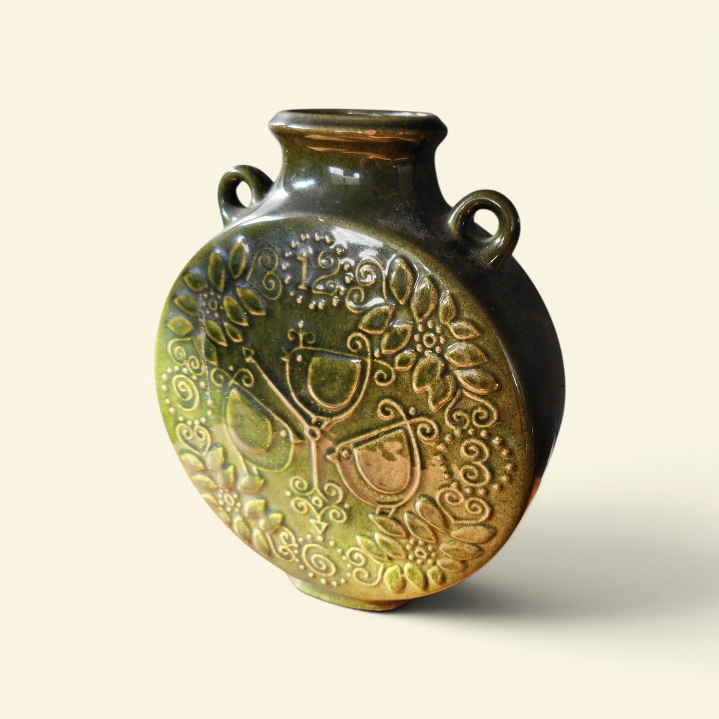 Vintage Swedish Relief Stoneware Disc Vase | Olive Green Twin-Handled Art Pottery | c.1965–1975
