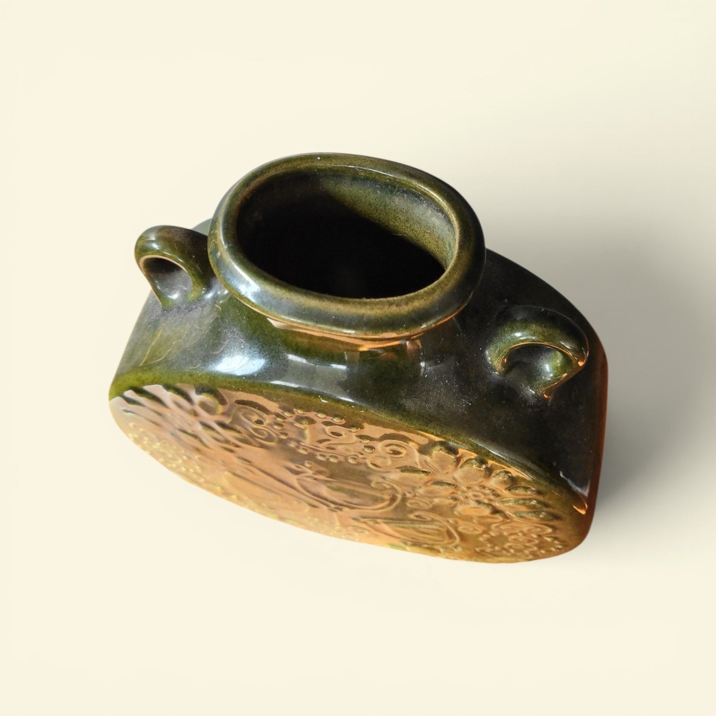 Vintage Swedish Relief Stoneware Disc Vase | Olive Green Twin-Handled Art Pottery | c.1965–1975