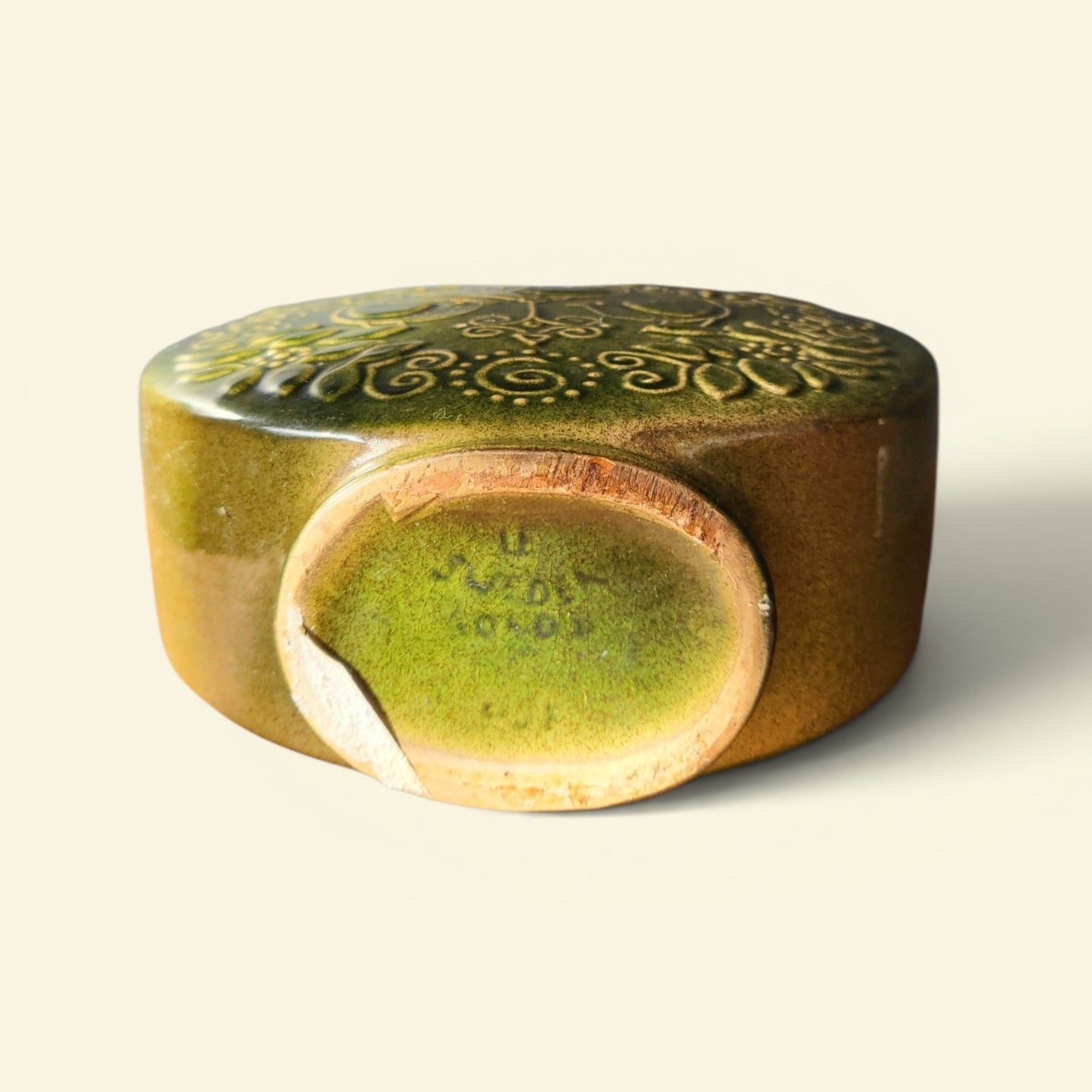 Vintage Swedish Relief Stoneware Disc Vase | Olive Green Twin-Handled Art Pottery | c.1965–1975