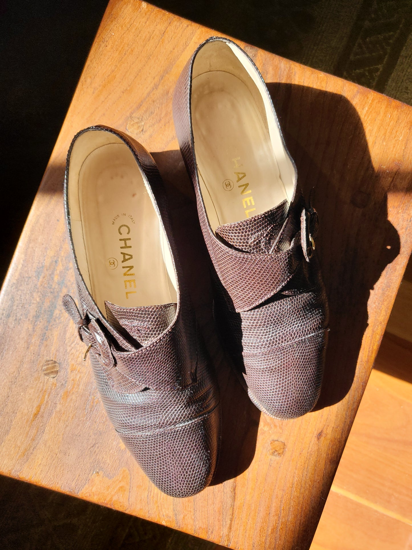 Vintage Chanel Brown Textured Leather Monk Strap Shoes - size 39.5