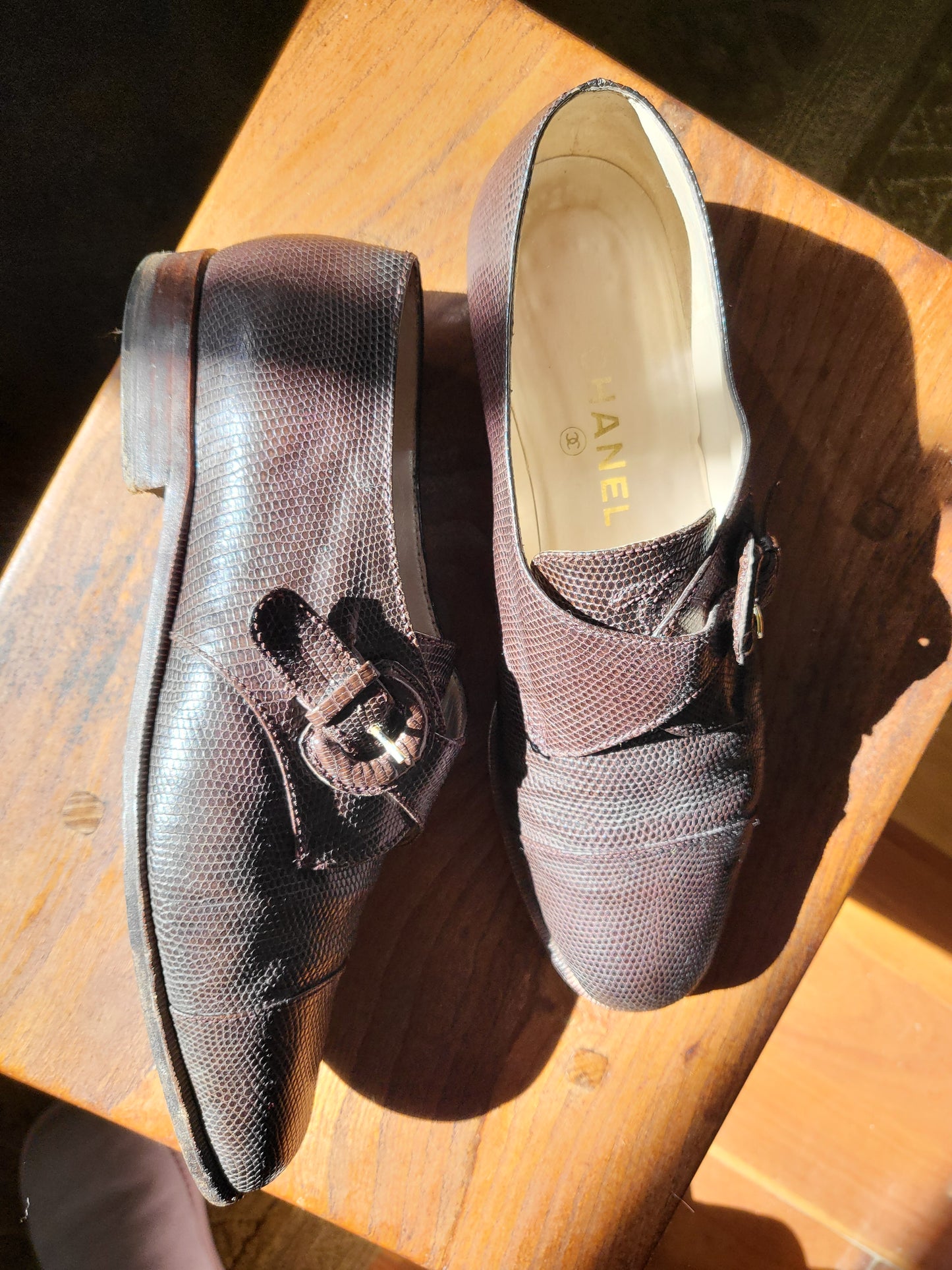Vintage Chanel Brown Textured Leather Monk Strap Shoes - size 39.5
