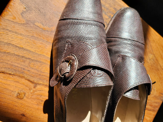 Vintage Chanel Brown Textured Leather Monk Strap Shoes - size 39.5