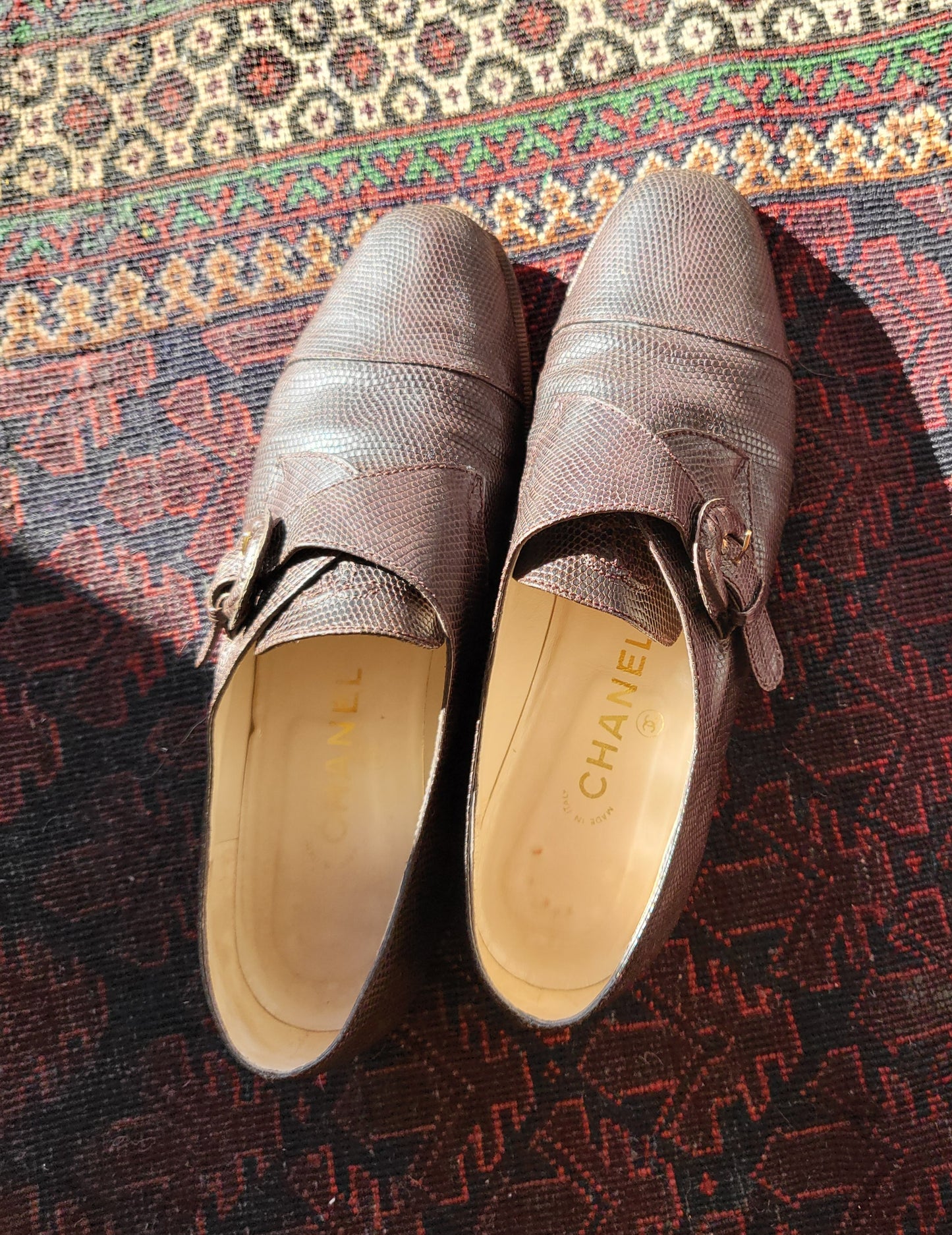 Vintage Chanel Brown Textured Leather Monk Strap Shoes - size 39.5