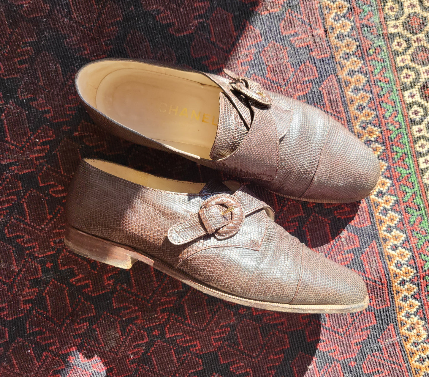 Vintage Chanel Brown Textured Leather Monk Strap Shoes - size 39.5