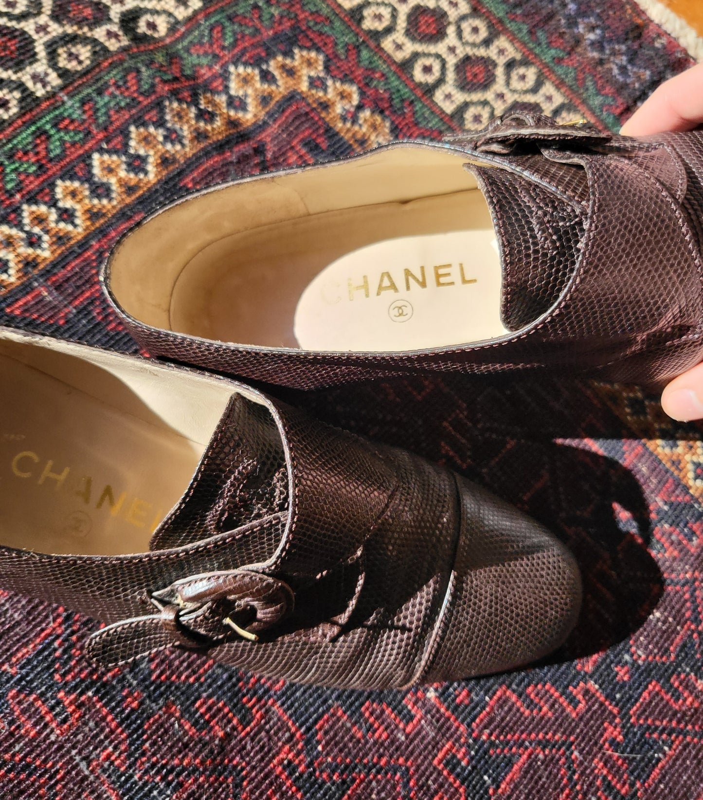 Vintage Chanel Brown Textured Leather Monk Strap Shoes - size 39.5