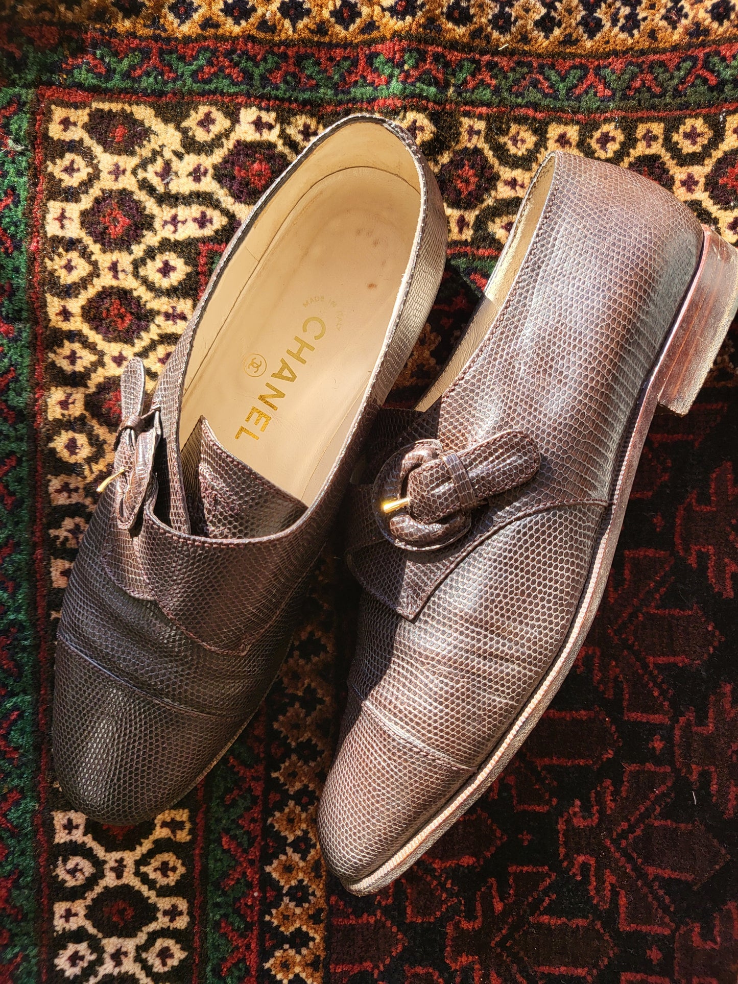Vintage Chanel Brown Textured Leather Monk Strap Shoes - size 39.5