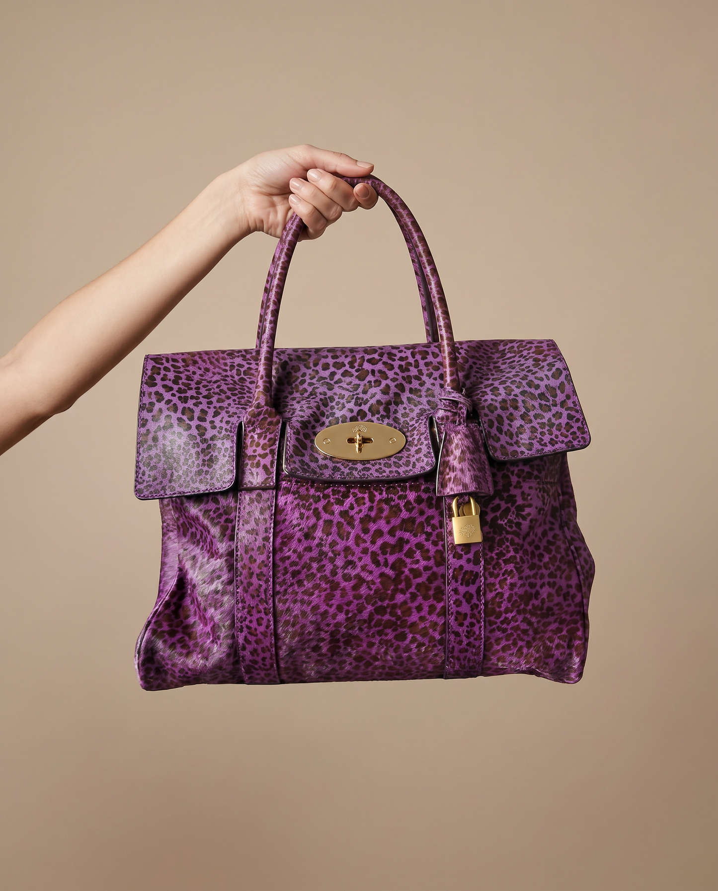 Mulberry Leopard Print Pony Hair Bayswater Bag - Purple Leather