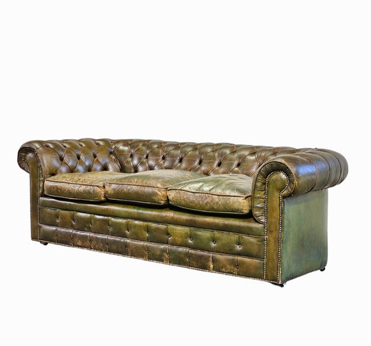 Vintage English 3-Seater Full Grain Leather Chesterfield