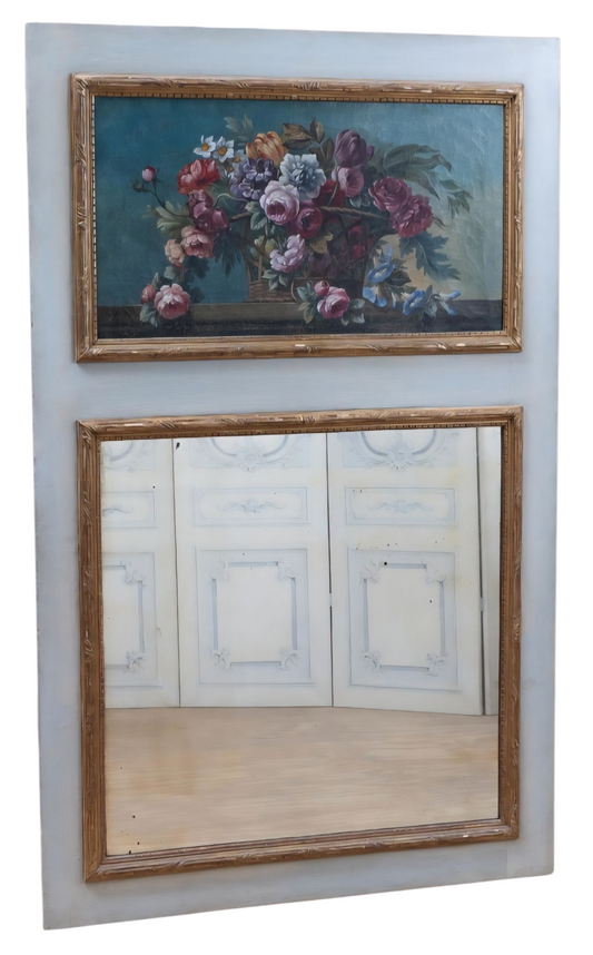 Antique French trumeau mirror circa 1890–1910 with gilt frame and oil on canvas floral painting above mirrored panel.