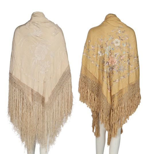 Early 20th Century Golden Ochre Silk Shawl with Pastel Embroidered Blooms (London)