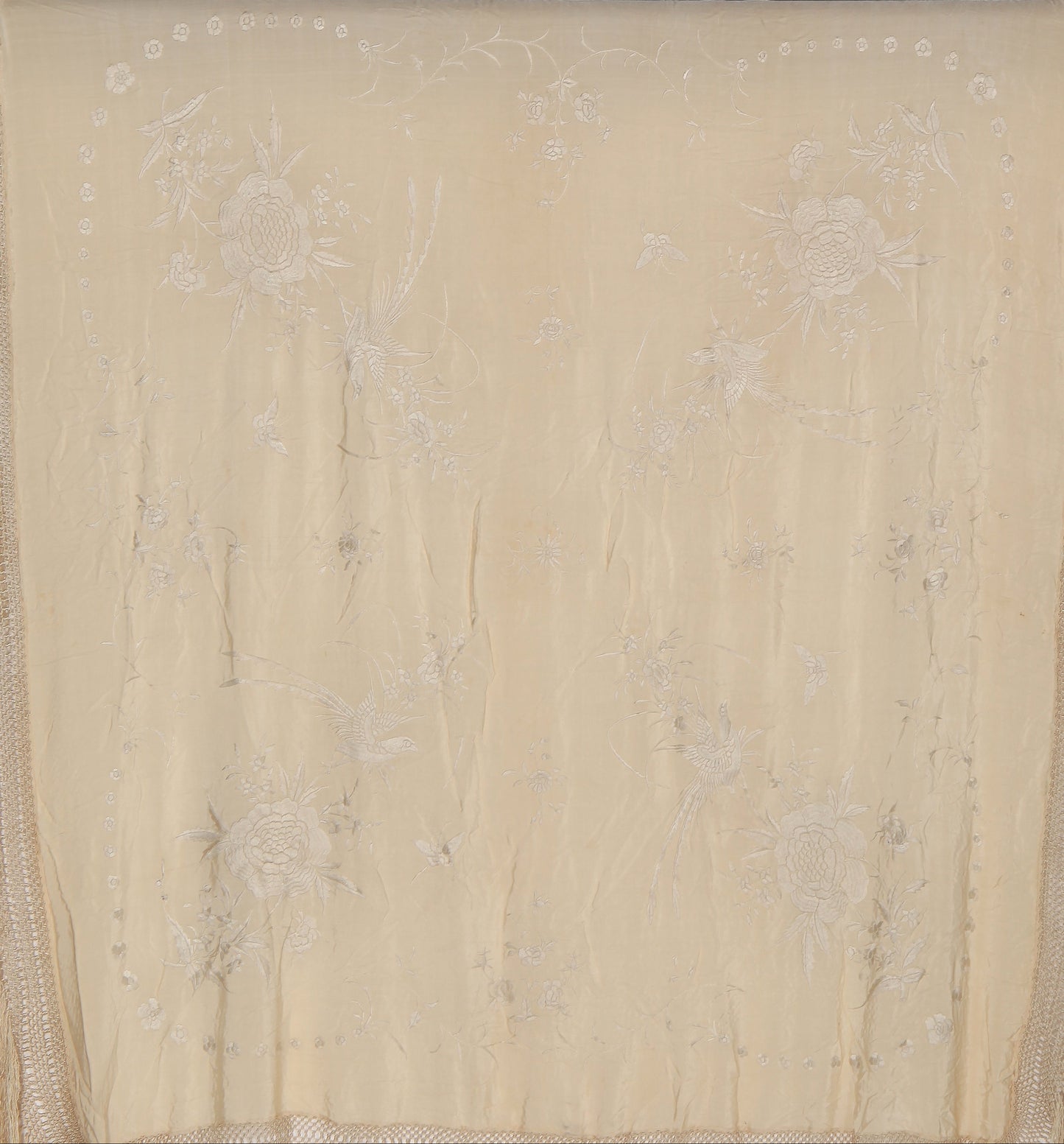 Early 20th Century Ivory Silk Shawl with Peonies & Perching Birds (London)